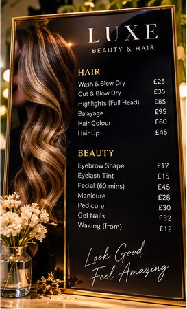 Luxe beauty and hair salon price list for hair and beauty treatments
