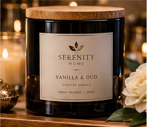 Serenity Home vanilla and oud scented candle label