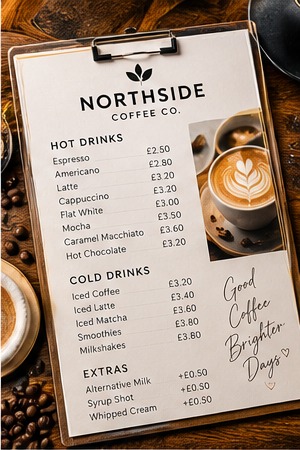 Northside Coffee Co. menu with hot drinks, cold drinks and extras