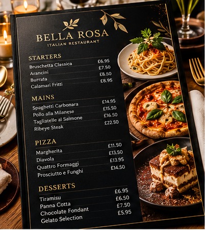 Bella Rosa Italian restaurant menu with starters, mains, pizza and desserts