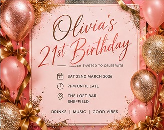 Olivia’s 21st birthday party invitation in pink and gold
