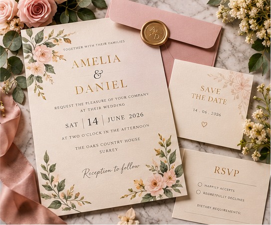 Amelia and Daniel wedding invitation with save the date and RSVP cards